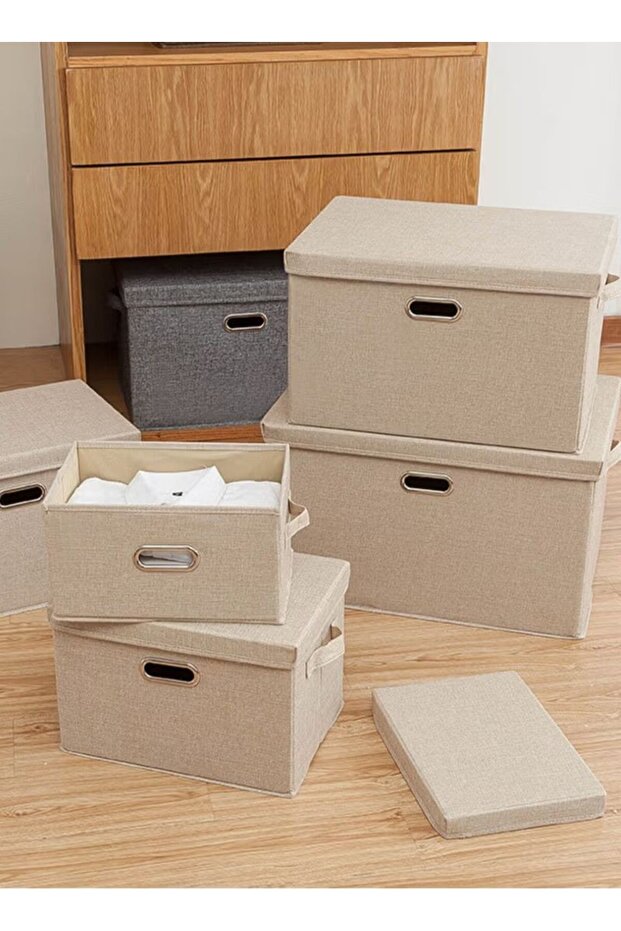Cotton Linen Folding Storage Boxes With Lids Decorate The Handle Storage Box (off-white,44*29*30cm)