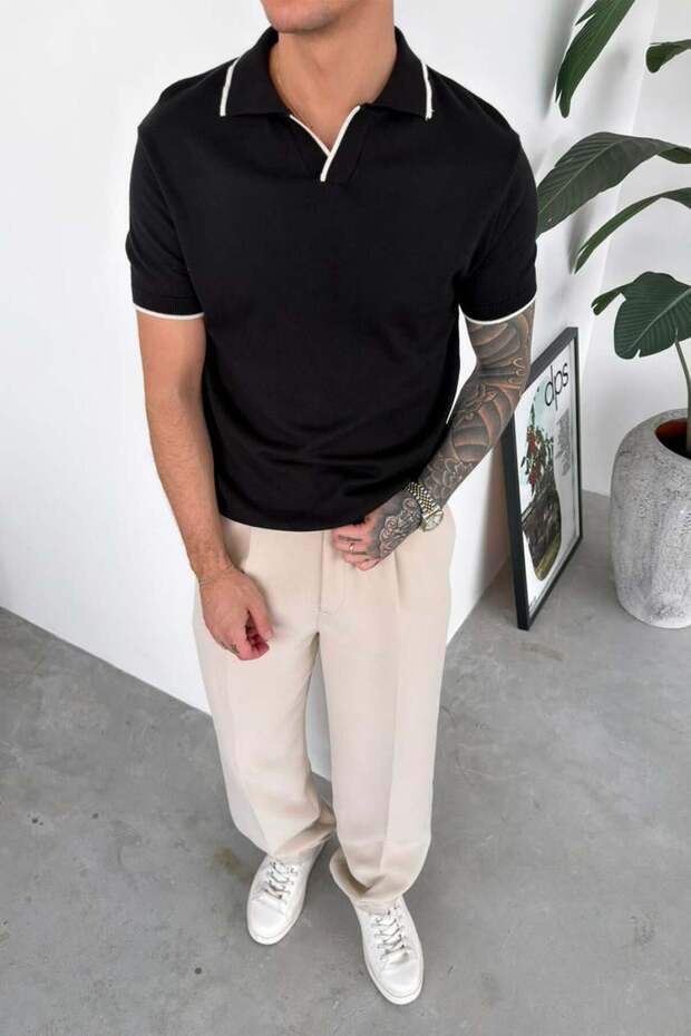 Black Stripe Detailed Basic Knitwear Polo Neck T-Shirt