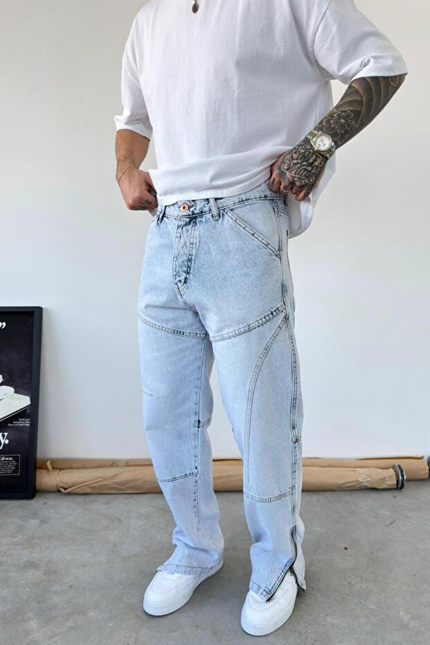 Ice Blue Design Zipper Detail Baggy Trousers