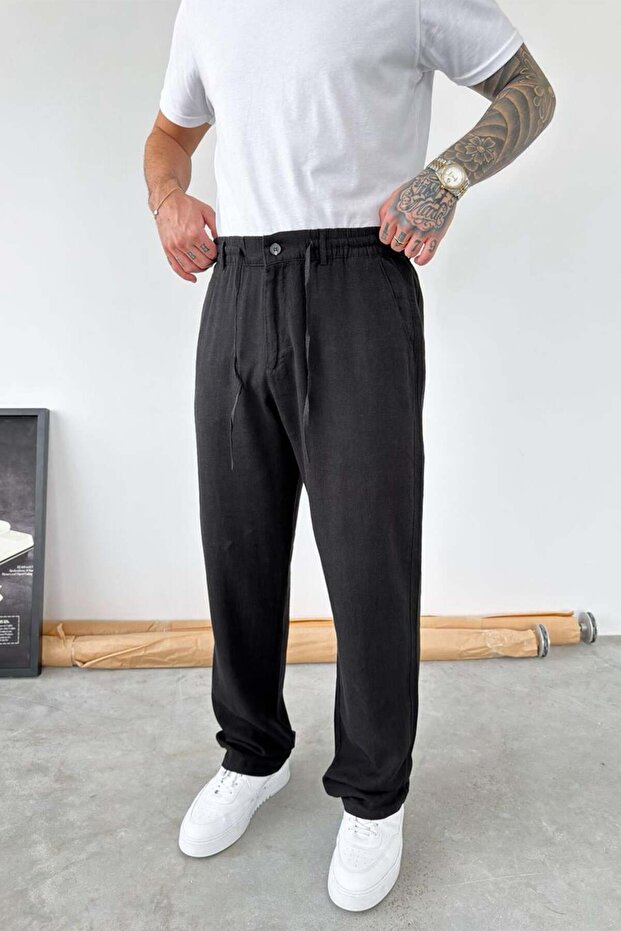 Black Elastic Waist Linen Trousers