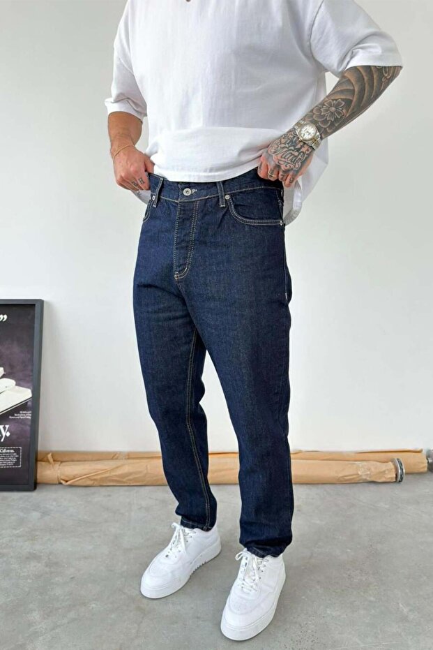 Dark Blue Reverse Stitch Detail Boyfriend Pants