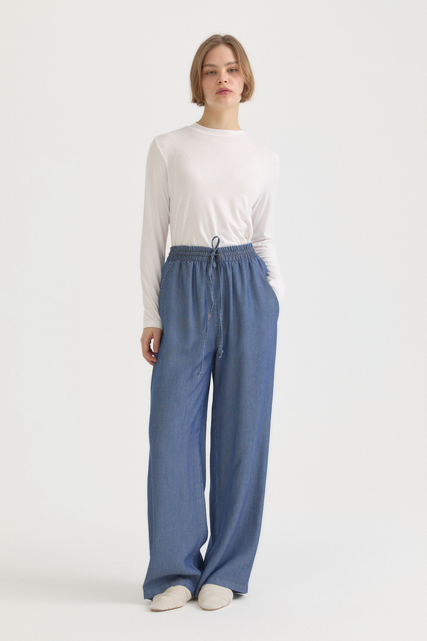Elastic Waist Lyocell Wide Leg Trousers Indigo