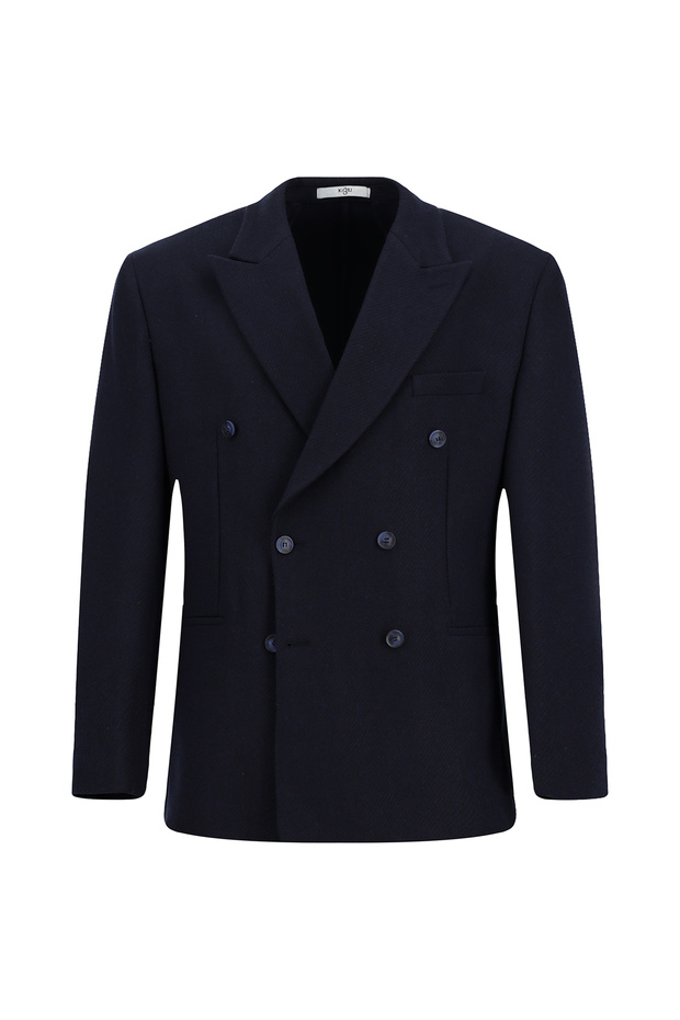 Milano Patterned Flat Pointed Collar Double Breasted Wool Classic Jacket - 1