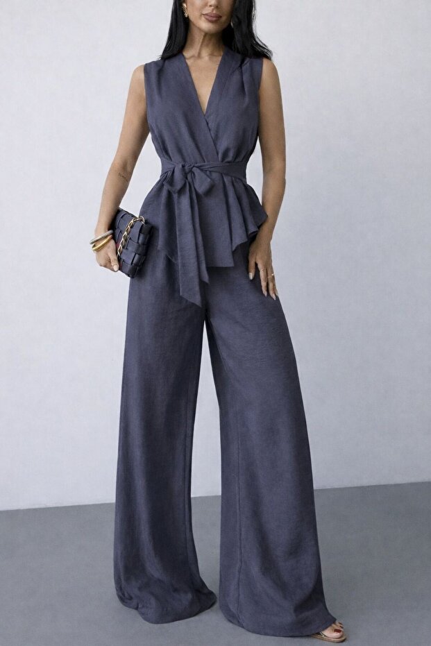 Modal Fabric Belted Vest and Trousers Set - 2
