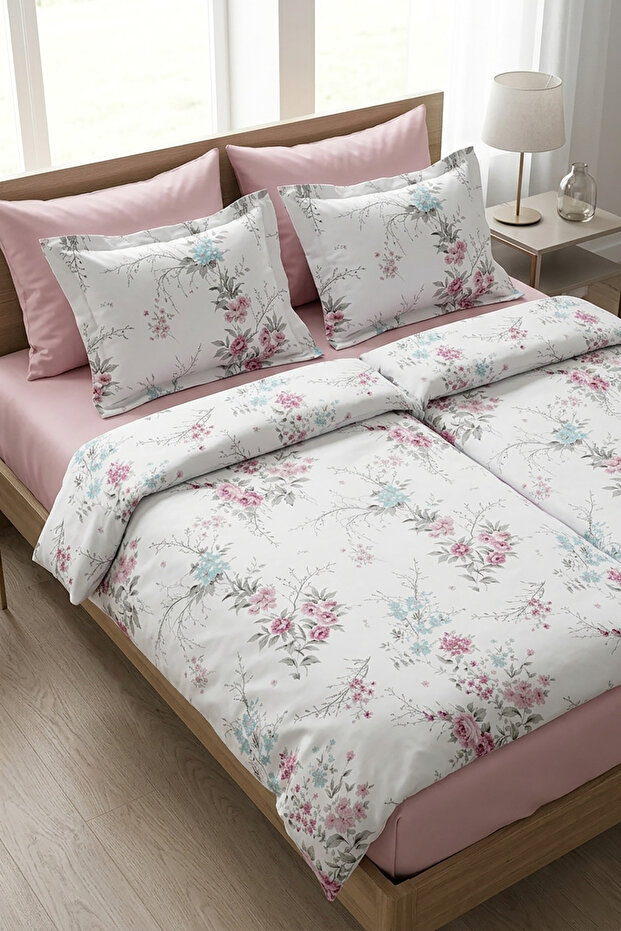 Leena 100% Cotton Satin 200 Tc (80 Thread) Printed Family Size Duvet Cover Set - 2 Duvet Covers (7 Pieces)