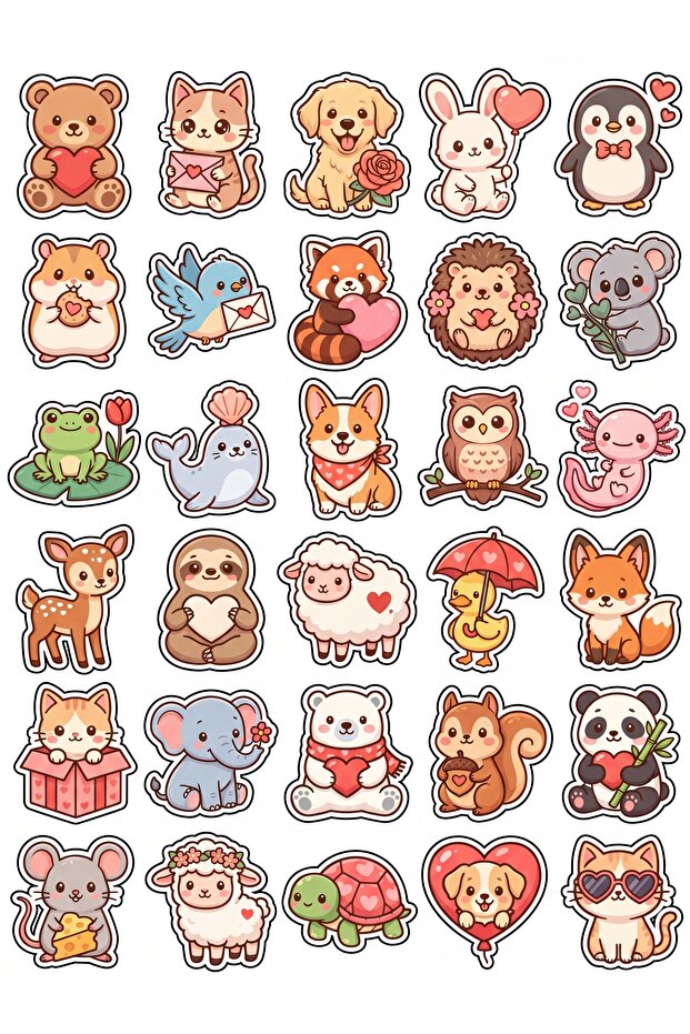 30 Pieces Heart Animals Sticker Set - for Laptop, Phone, Agenda, Water Bottle
