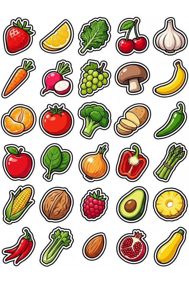 30 Pieces of Vibrant Gourmet Fruits and Vegetables Sticker Set - for Laptop, Notebook, Phone