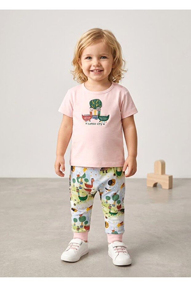 Organic Dino Embroidered Pink Summer Baby Girl Set