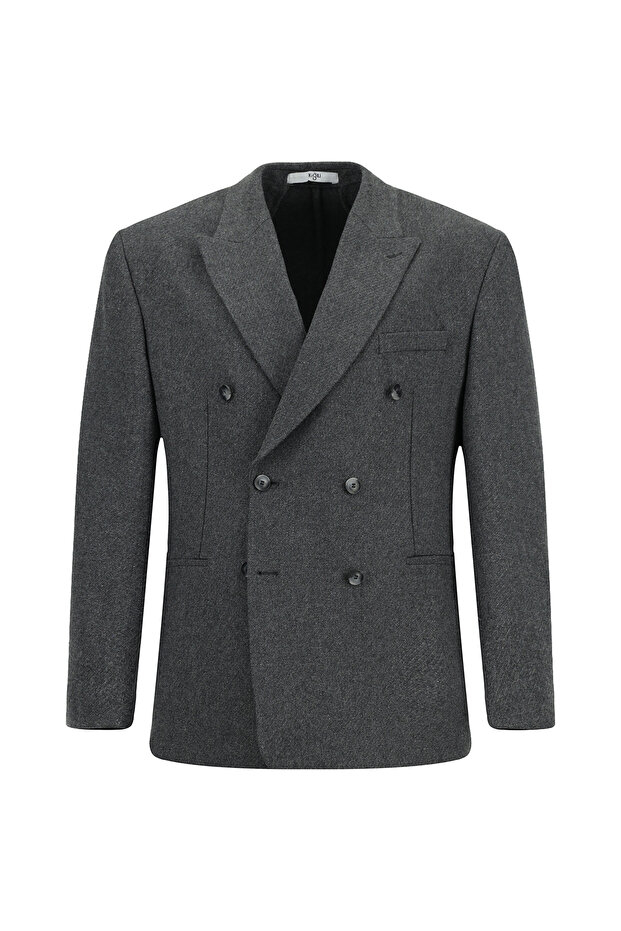 Milano Patterned Flat Pointed Collar Double Breasted Wool Classic Jacket