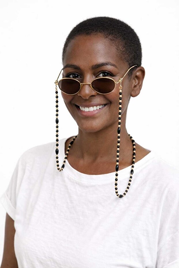 Women's Glasses Chain Beaded Stylish Design Glasses Strap Accessory Black-Beige