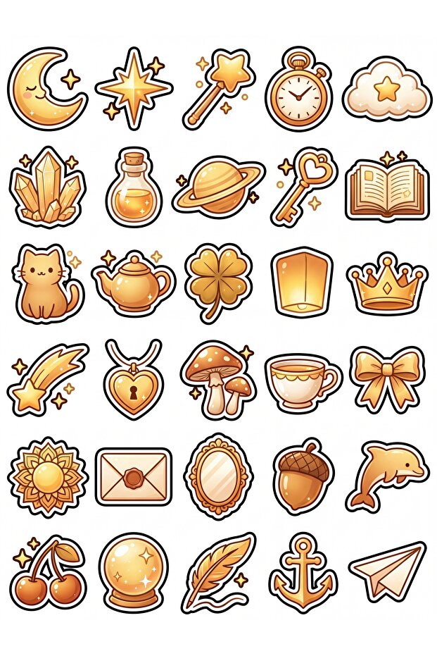 30 Pieces of Golden Glittering Magical World Sticker Set - for Laptop, Notebook, Agenda, Case