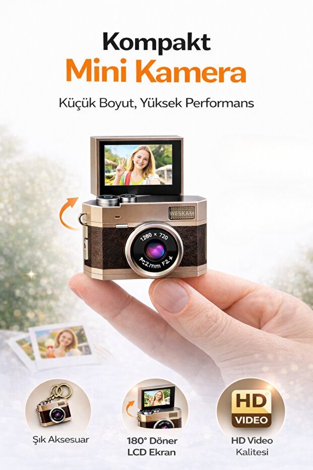 Weskam Mini Dijital Fotoğraf Ve Video Kamera Dönen Lcd Ekranlı 48MP+1080P+Flaş 128Gb Hafıza Kartı Destekli