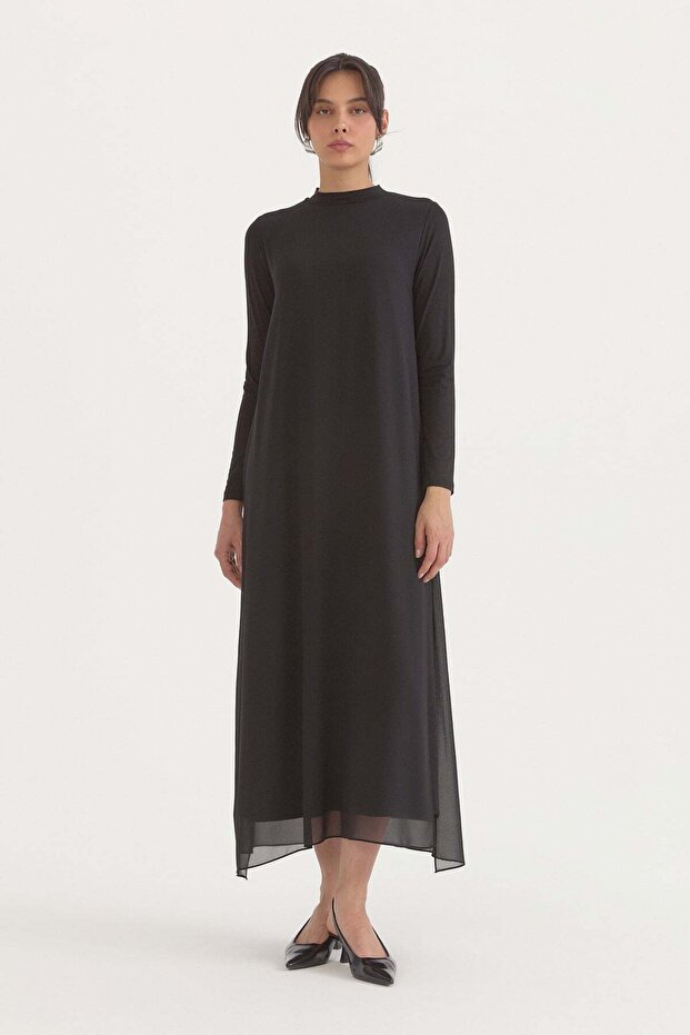 Combed Cotton Dress with Chiffon Front Black