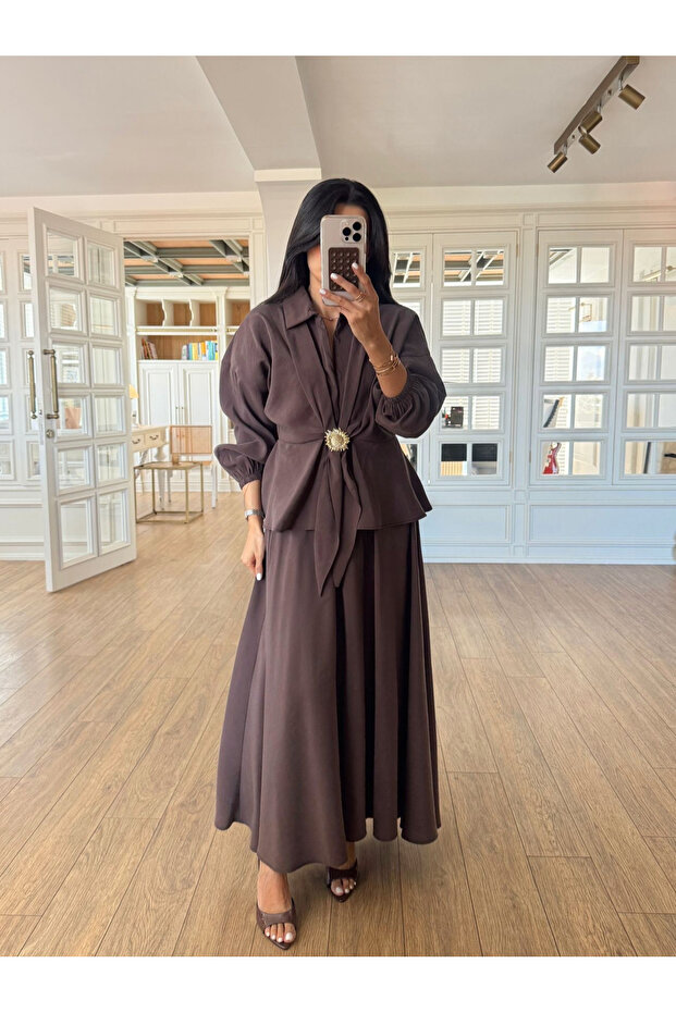 Brown Sun Buckle Blouse Skirt Set - 51345