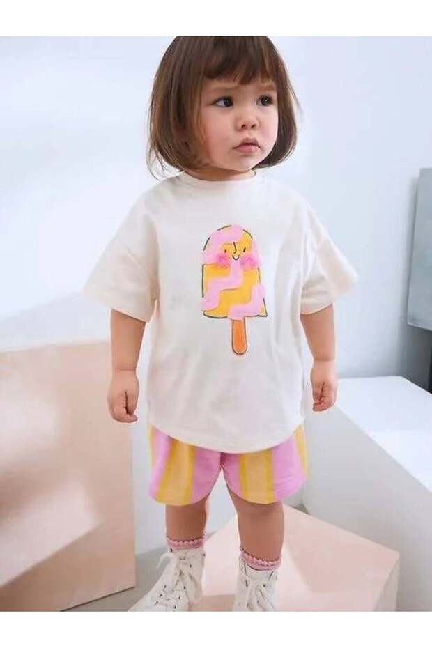 Girl's Ice Cream Printed Top and Bottom Set – Summer Comfortable Cotton Combination with Shorts