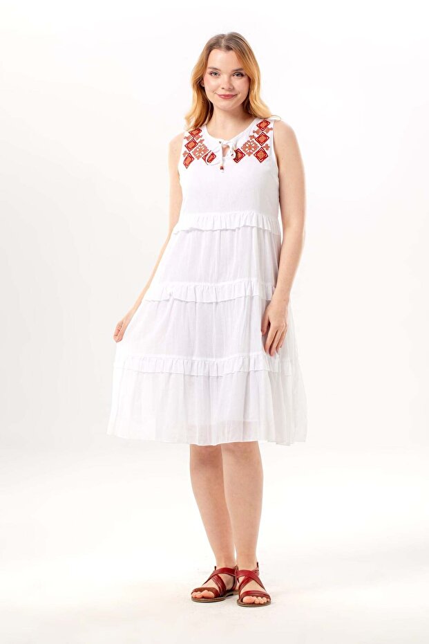Sleeveless Mina Embroidery Detailed Lace-Up Collar Summer Voile Dress White Byz