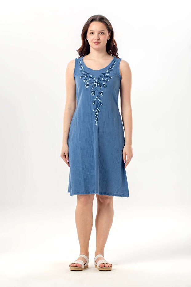 Sleeveless Lidya V-Neck Muslin Embroidered Summer Short Dress Indigo Indg