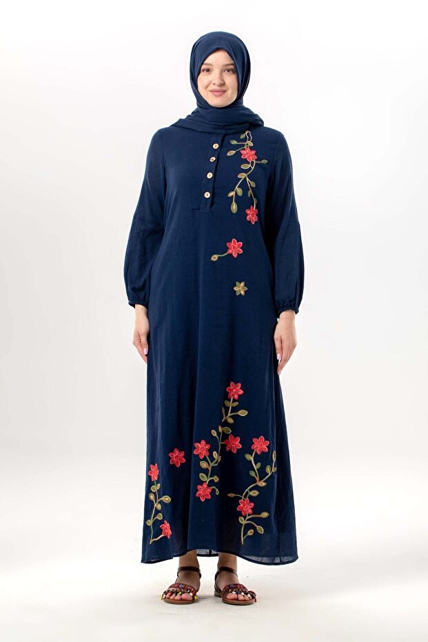 Long Sleeve Spring Buttoned Crew Neck Floral Embroidered Summer Sile Fabric Long Dress Navy Blue Lcvt