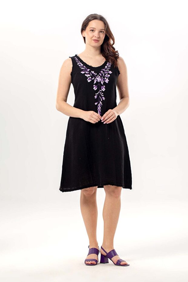 Sleeveless Lidya V-Neck Muslin Embroidered Summer Short Dress Black Syh