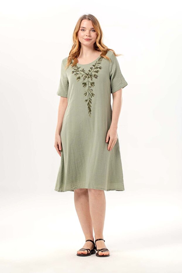Short Sleeve Lidya Crew Neck Embroidered Summer Short Muslin Dress Olive Green Zytnysl