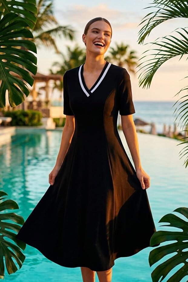 Women's V-Neck Midi Black Modal Dress with White Stripe Detail on the Collar