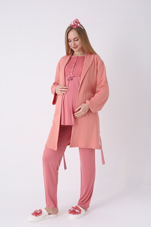 Pajama Set with Robe and Short Sleeves for Maternity and Pregnancy, Set of 3