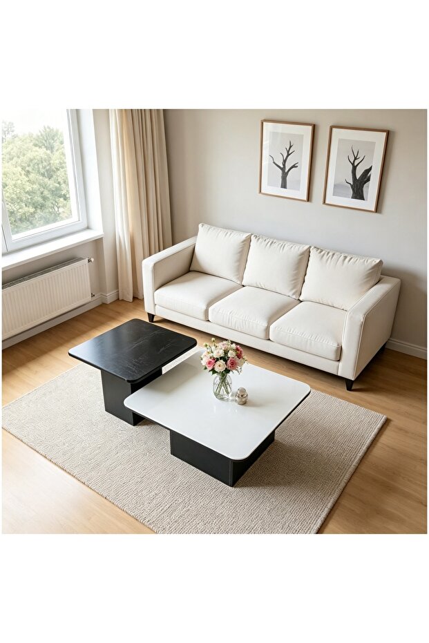 Coffee Table Glass Marble Pattern Square Side Tables,Black & White Stackable Center Tables - 4