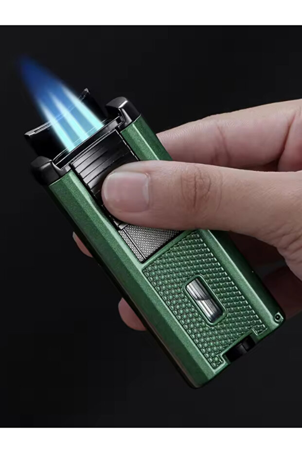 Cigar Lighter Cigar Punch, Cigar Holder, Cigar Draw Enhancer, Triple Jet Flame Cigar Lighter - Green