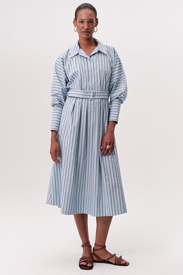 Reglan Sleeve Shirt Collar Belted Regular Midi Dress