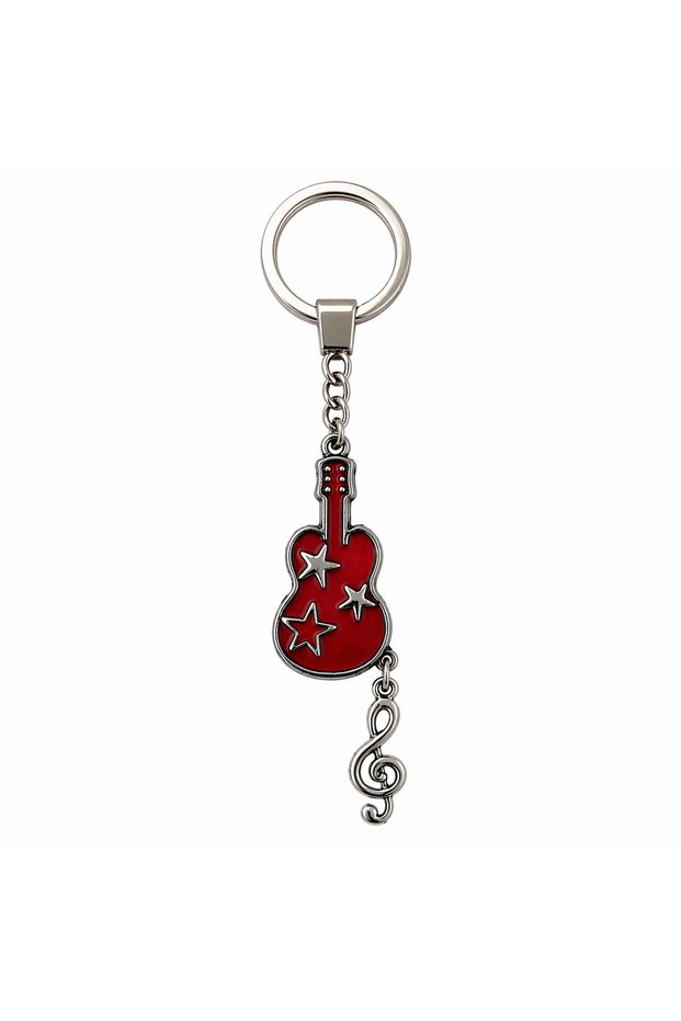 Metal Keychain with Guitar Figure and Musical Note Detail – Red Design