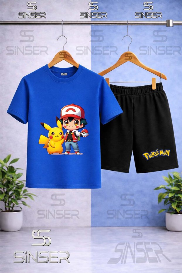 Children's Pikhacu Esli Ikil Printed Crew Neck T-Shirt - Shorts Set