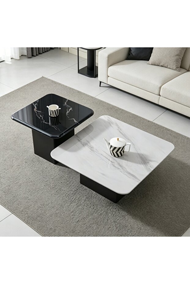 Coffee Table Glass Marble Pattern Square Side Tables,Black & White Stackable Center Tables - 1