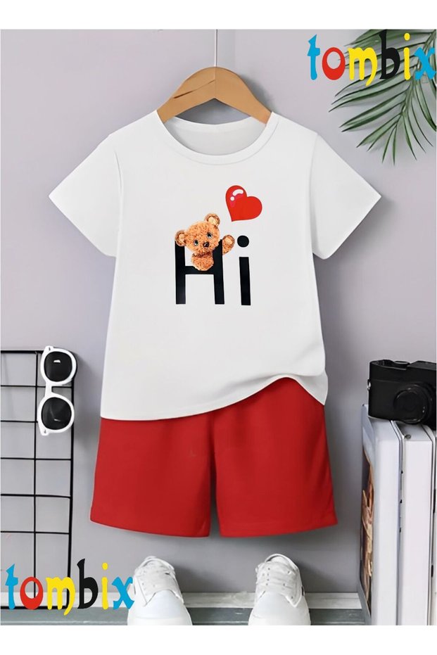 Hearted Hi̇ Bear Printed T-Shirt Shorts Summer Children's Set