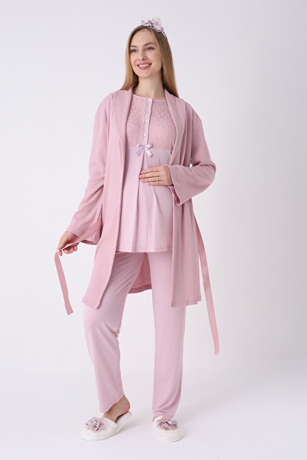 Pajama Set with Robe and Short Sleeves for Maternity and Pregnancy, Set of 3