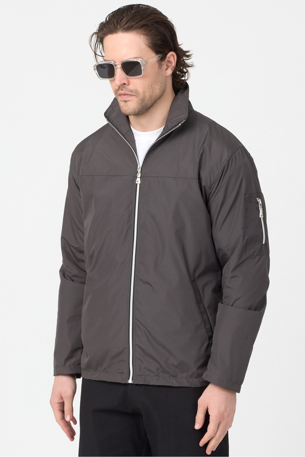 Men's Anthracite Waterproof Spring Jacket with Sleeve Zipper Detail