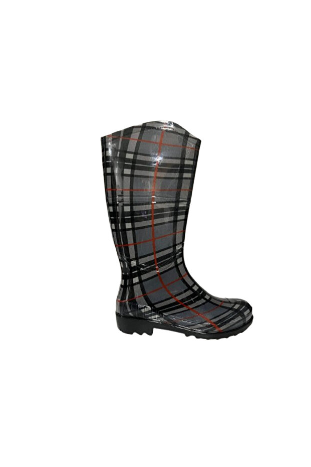, Women's Gray-Red Stripe Patterned Garden Rain Boots