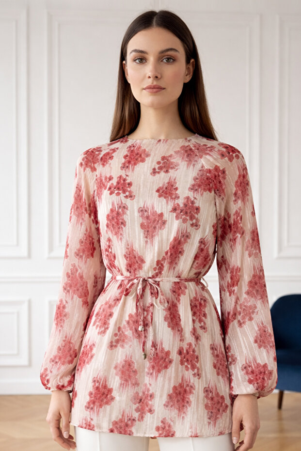 Patterned Balloon Sleeve Chiffon Shirt A50906 Pink