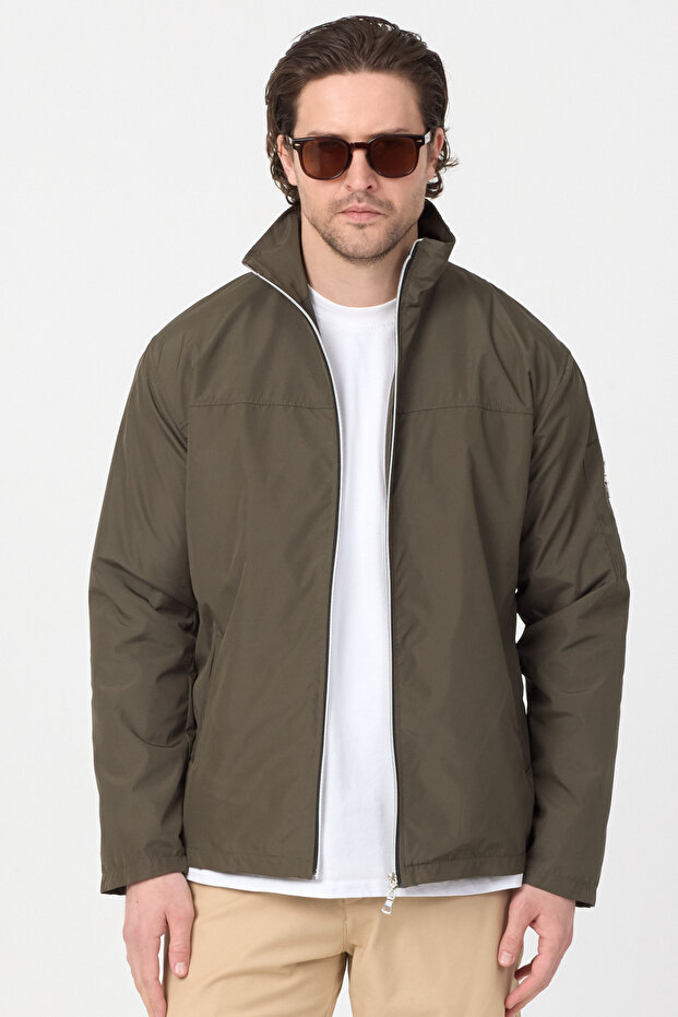 Men's Khaki Waterproof Spring Jacket with Sleeve Zipper Detail