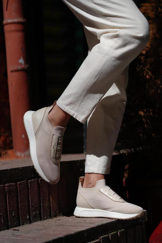Lena Model Genuine Leather Handmade Beige Knitwear Sneaker Shoes
