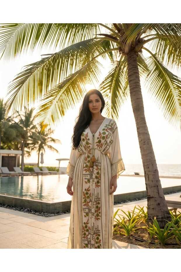 Ethnic Embroidered Bohemian Long Dress – Gathered at the Waist & Tassel Detail
