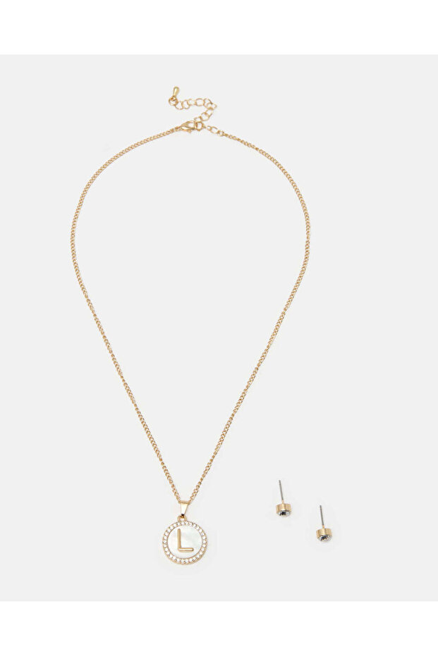 Women Gold Letter L Necklace Set