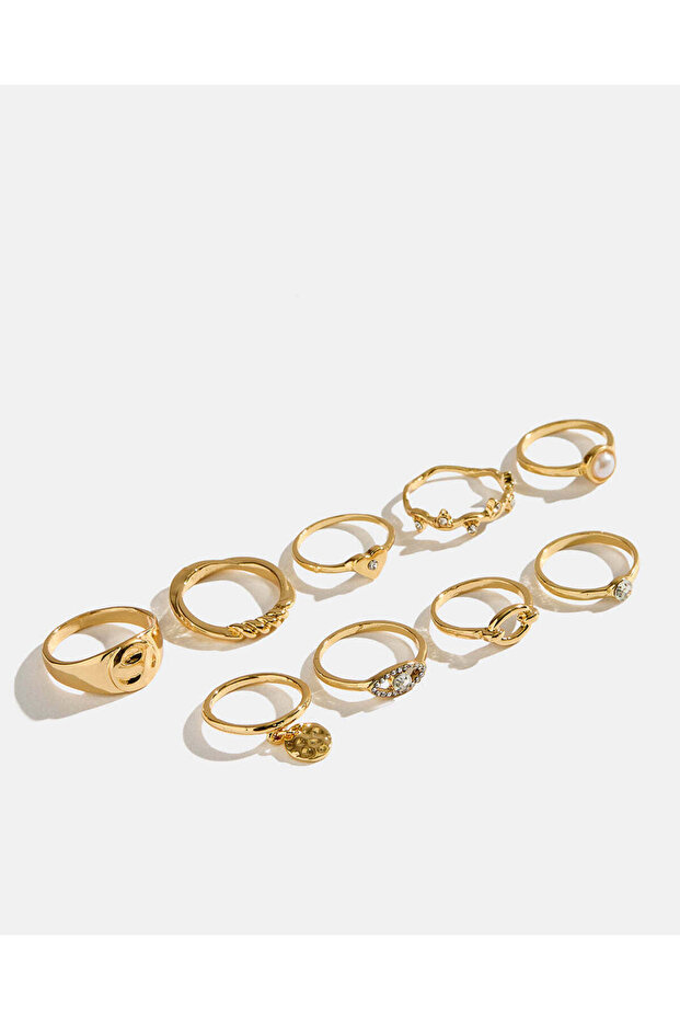 Women Gold Embellished Rings Set (9 Piece)