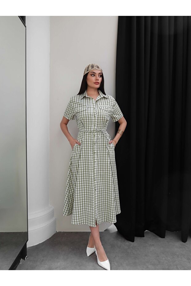Gingham Pattern Belted Shirt Dress