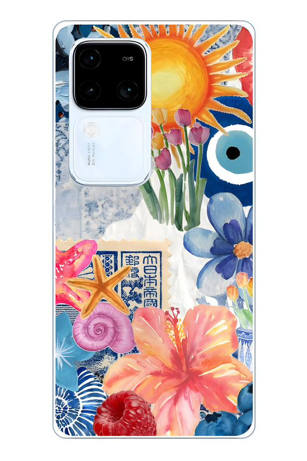 Vivo V30 Compatible Transparent Phone Case with Sunflowers and Evil Eye Pattern