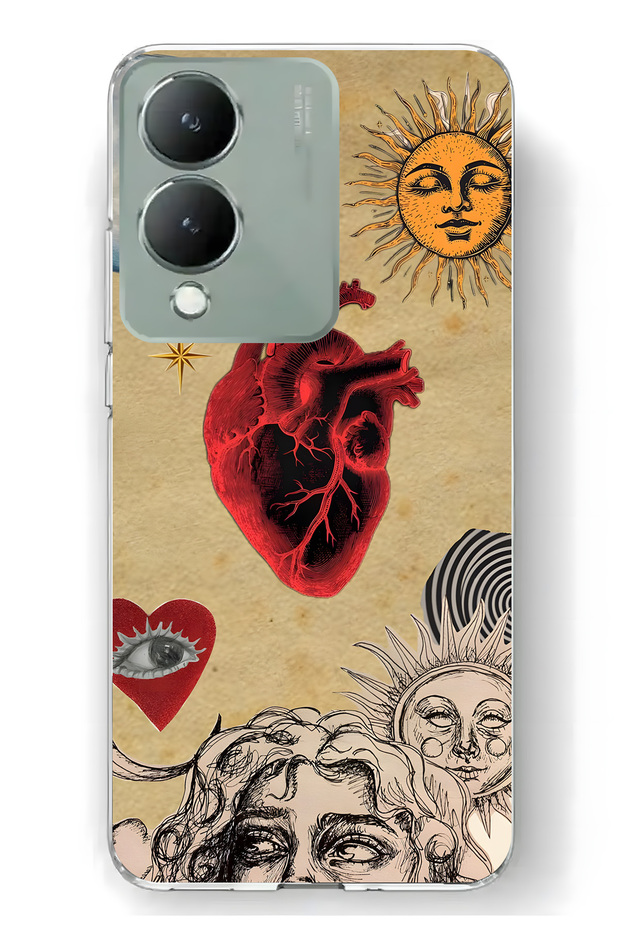 Vivo Y17S Compatible Sun and Heart Collage Pattern Transparent Phone Case