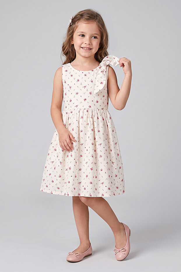 Girl's Brode Fabric Floral Motif Dress