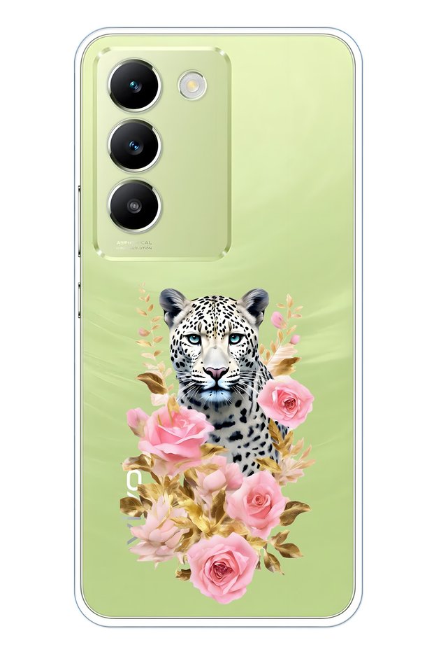 Vivo V30 Lite Compatible Leopard and Pink Rose Pattern Transparent Phone Case