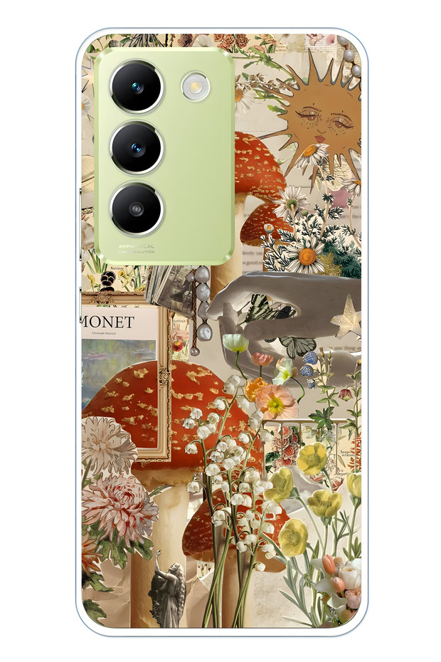 Vivo V30 Lite Compatible Mushroom Garden Patterned Transparent Phone Case