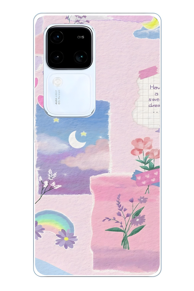 Vivo V30 Compatible Pastel Floral Moon and Rainbow Pattern Transparent Phone Case