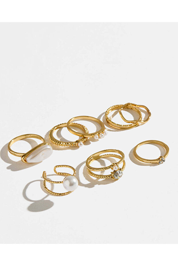 Women Gold Embellished Rings Set (8 Piece)